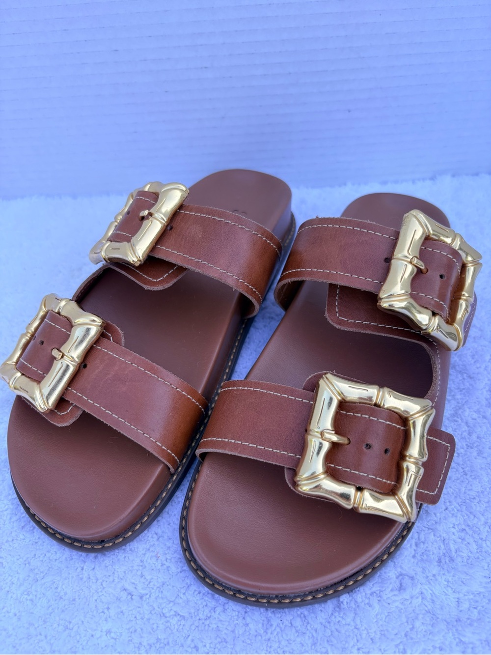 Schutz Ebola Sporty Leather Sandals with Bamboo Gold Buckles Women’s Size 7.5B